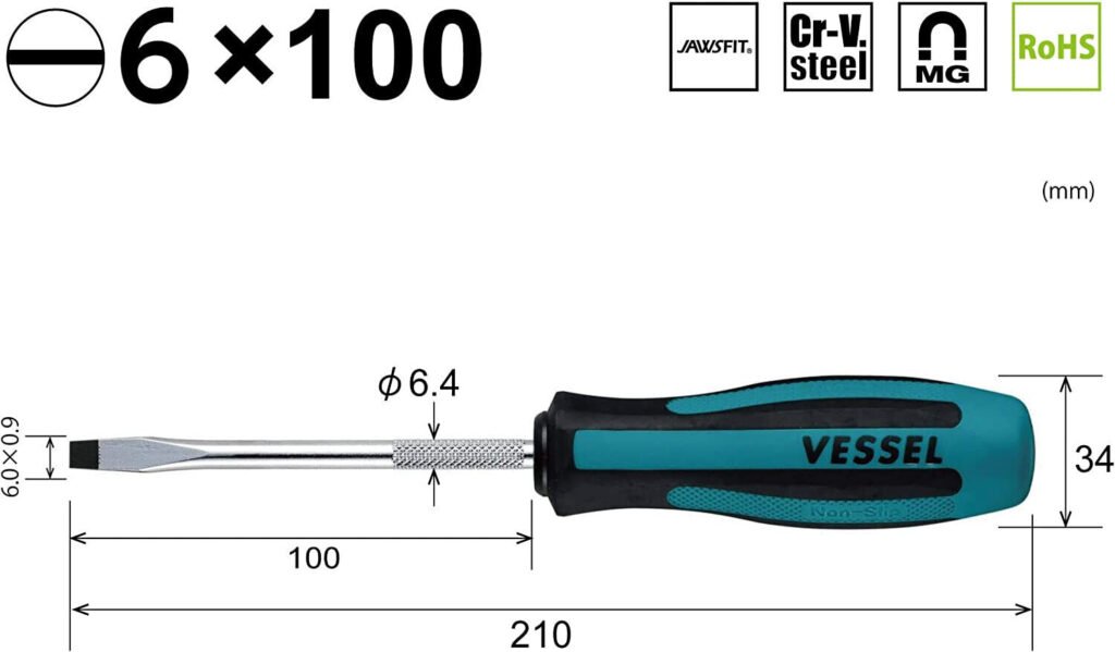 VESSEL Megadora JIS Flat Blade Screwdriver 900 6 X 100 Dimensions Image #900S6100 Made in JAPAN by VESSEL