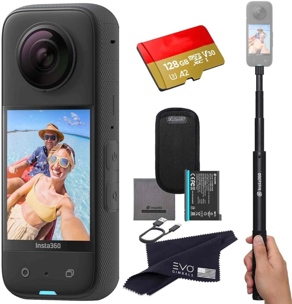 Insta360 X3 - Waterproof 360 Action Camera with High-Resolution Sensors, HDR Video, High-Quality Photos, 4K Recording, Touchscreen, AI Editing | Bundle Includes Selfie Stick 128GB, Black