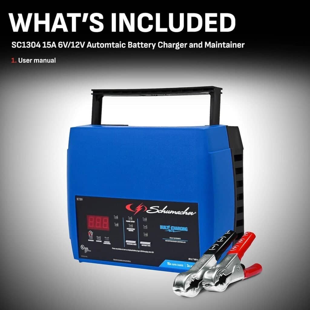 Schumacher SC1304 Fully Automatic 12V Battery Charger Maintainer, and Auto Desulfator with Battery Detection - 15 Amp/3 Amp, 6V/12V - For Cars, Trucks, SUVs, Marine, RV Batteries